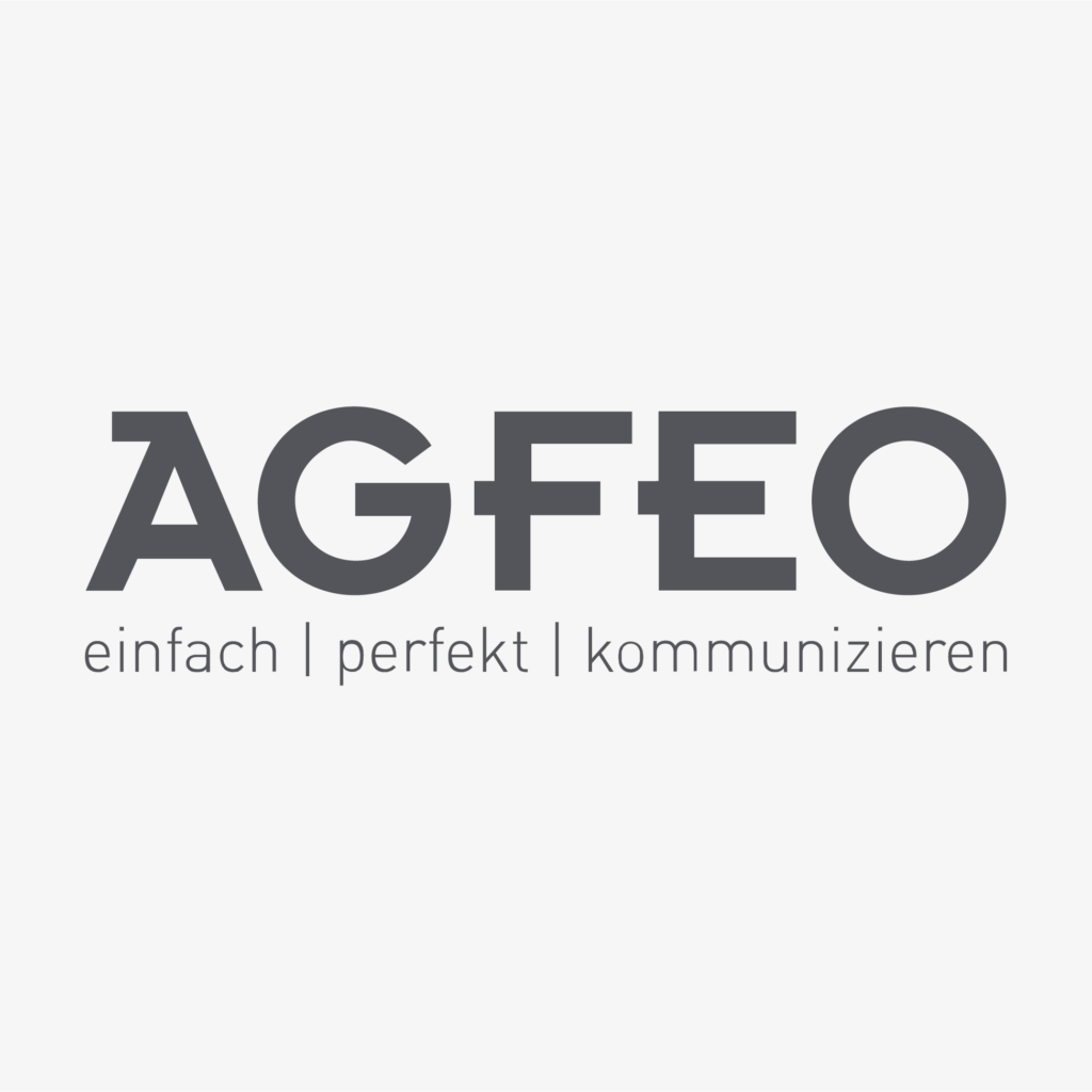 Logo von AGFEO mit dem Slogan "einfach | perfekt | kommunizieren" auf weißem Hintergrund.