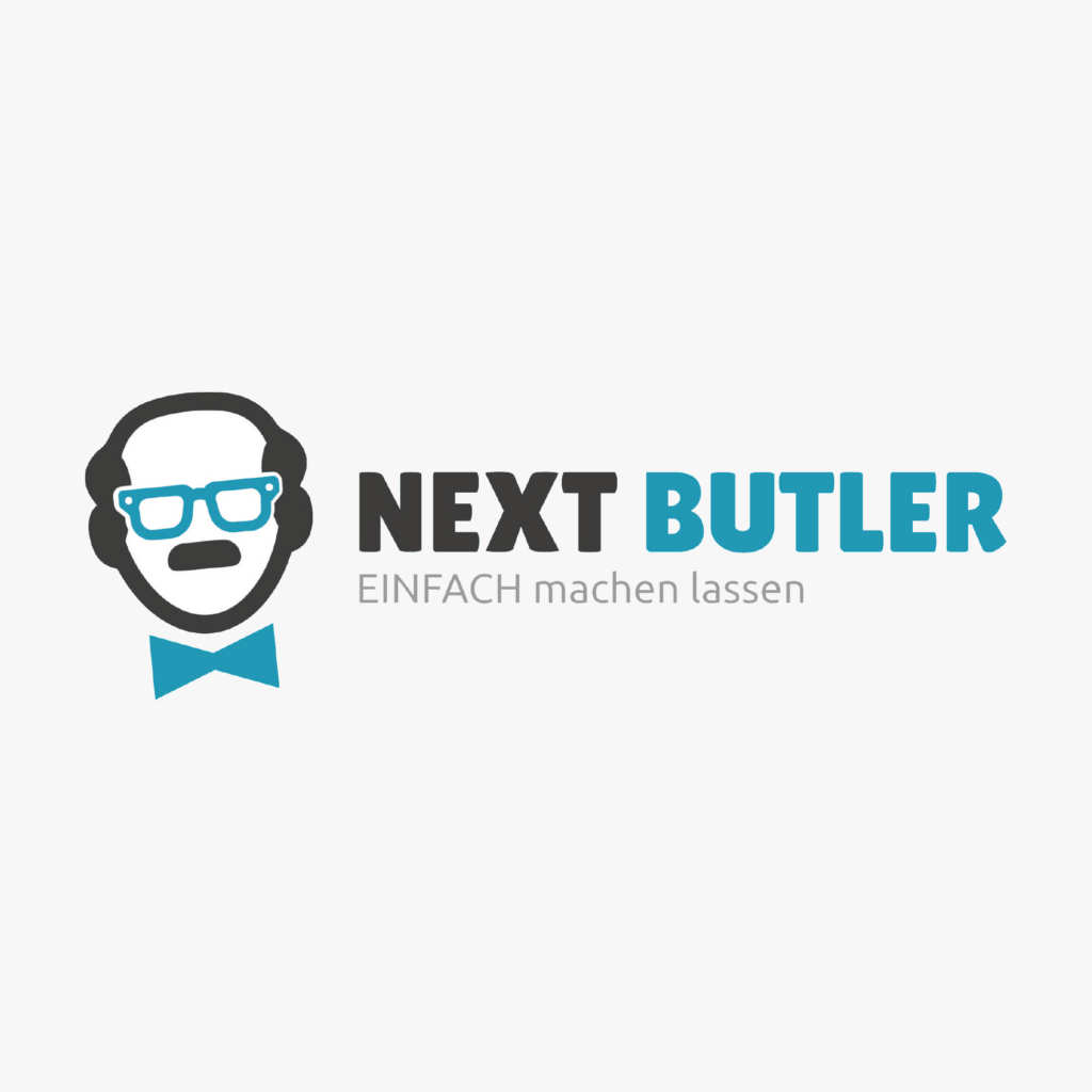 Logo mit stilisiertem Kopf, Brille, Schnurrbart und blauer Fliege. Text: "NEXT BUTLER", Slogan: "EINFACH machen lassen".