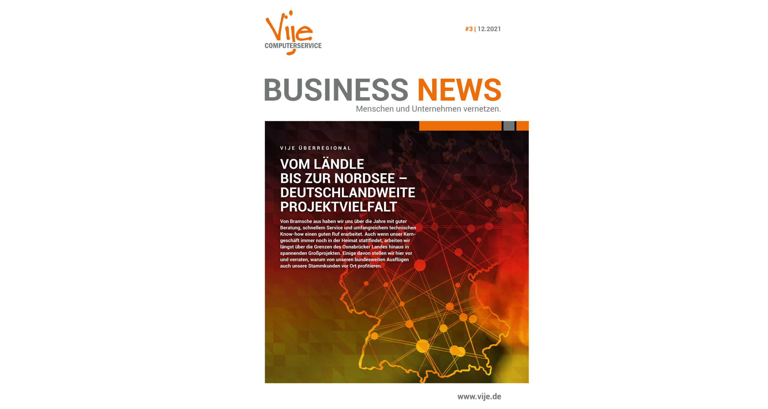 Titelseite von "BUSINESS NEWS" mit Fokus auf deutschlandweite Projekte und Vernetzung von Vije Computerservice.