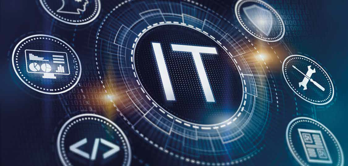 Modernes IT-Design mit zentralem "IT"-Text, umgeben von technologischen Symbolen auf blauem Hintergrund.