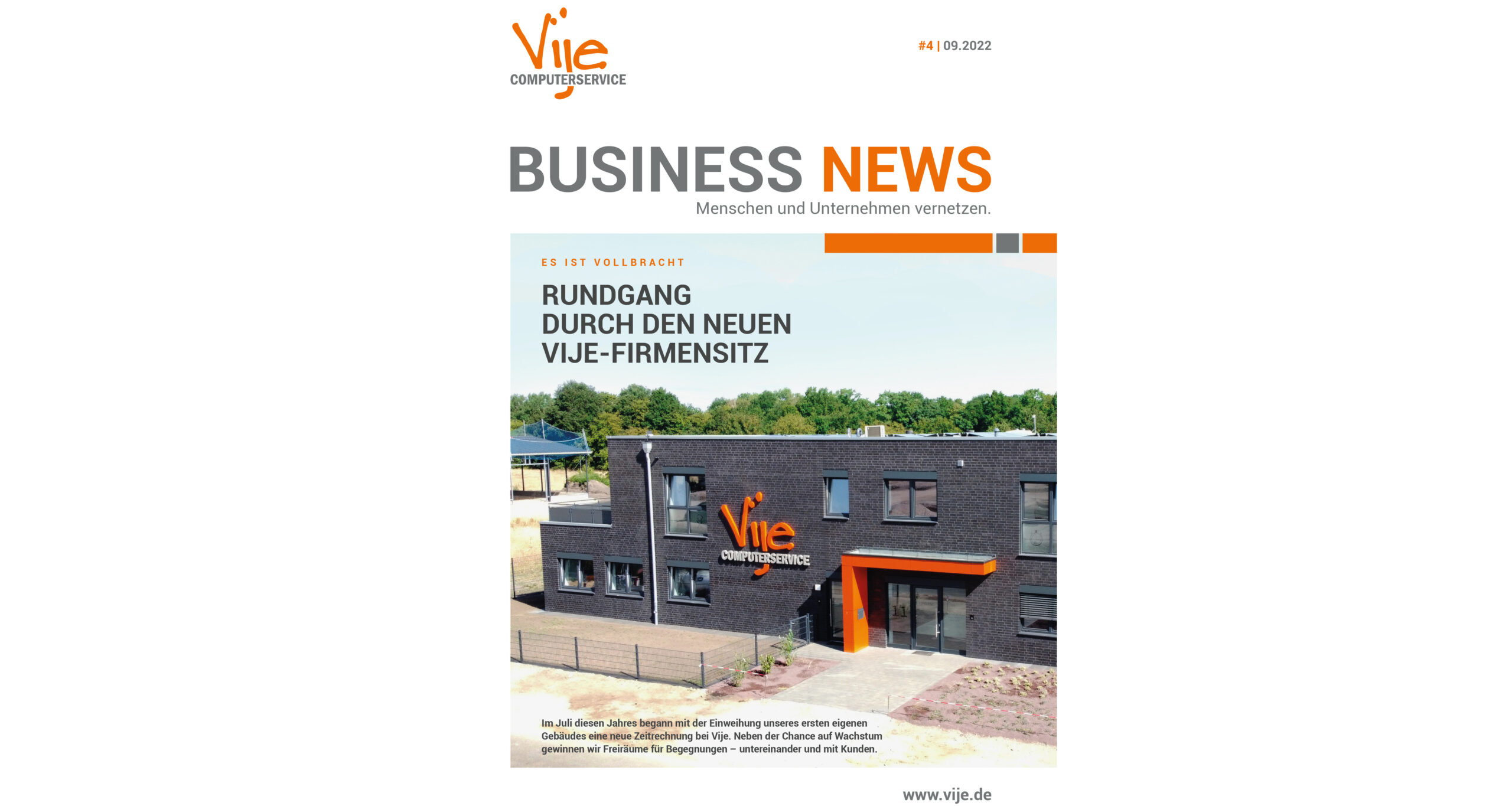 Titelseite der "BUSINESS NEWS" mit modernem Gebäude, neuem Firmensitz von "Vije Computerservice".