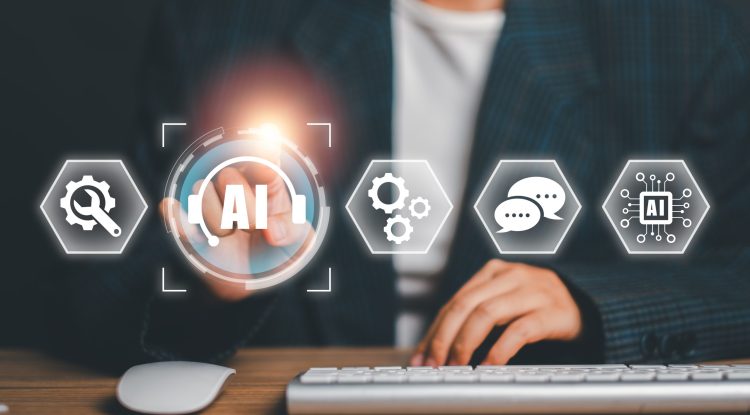 Businessperson using a digital interface with AI icons, symbolizing innovation and technology in a modern workspace.