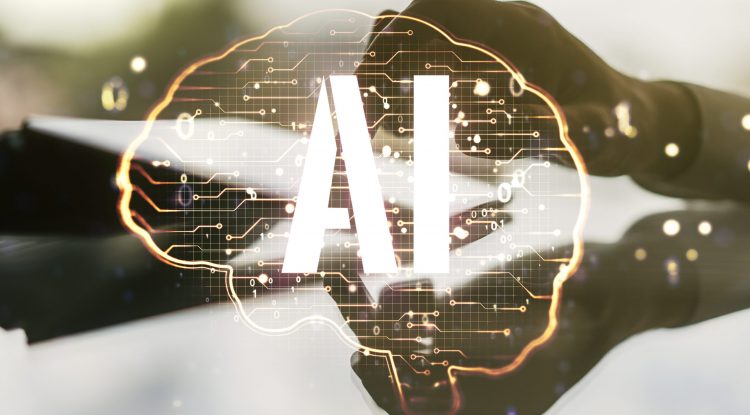 Creative artificial Intelligence concept with human brain hologram and finger clicks on a digital tablet on background. Multiexposure