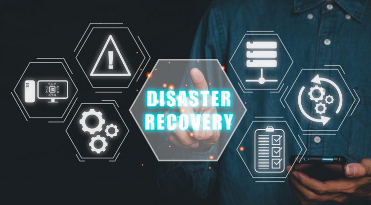 Disaster Recovery concept, Person hand touching disaster recovery icon on virtual screen background, Data loss prevention.