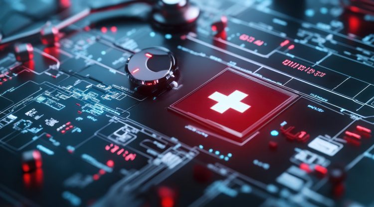 A futuristic medical interface featuring a red cross symbol on a circuit board background.