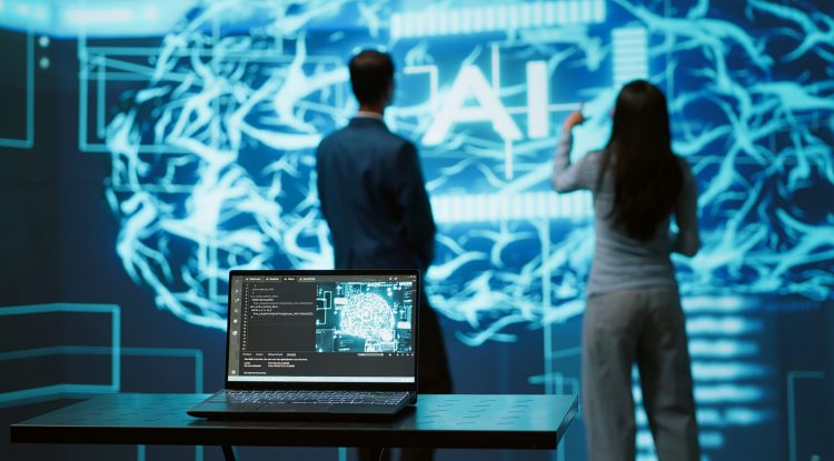 Engineers use AR tech to visualize AI neural networks brain, solving company problems. IT professionals using artificial intelligence augmented reality hologram, camera A